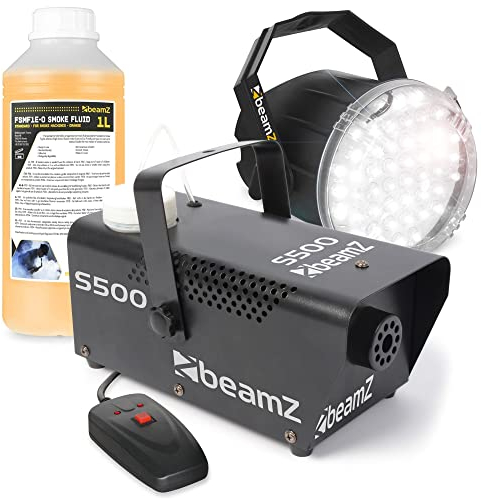 BeamZ Strobo Set, Nebelmaschine 500 Watt mit Stroboskop Lichteffekt und 1 Liter Fluid, Party Rauchmaschine, Fog Machine, Kabelfernbedienung, Disco, DJs, Hauspartys, Hochzeiten, Veranstaltungen