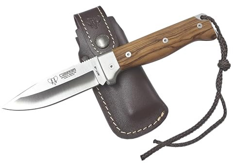 Navaja CUDEMAN MT-4 Plegable Hoja 10 cm. Acero Bohler N690CO Olivo Satinado, Caza 384-LF con Funda de Cuero + Tarjeta Multiusos de Regalo