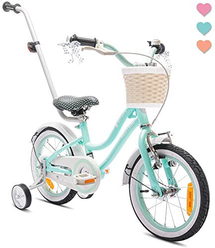 sun baby Mädchenfahrrad 14 Zoll Radgröße Heart Bike zur Auswahl, mit Abnehmbarer Schubstange, Kinderfahrrad für Mädchen von 2 bis 6 Jahre (Mintgrün/Schwarz, 14 Zoll)