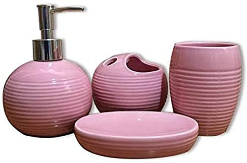 WOkismD Set di Accessori per Il Bagno, Set Completo di Accessori per Il Bagno in Ceramica da 5 Pezzi con portaspazzolino, Dispenser per Sapone Liquido, portasapone, 1 Bicchiere,Rosa