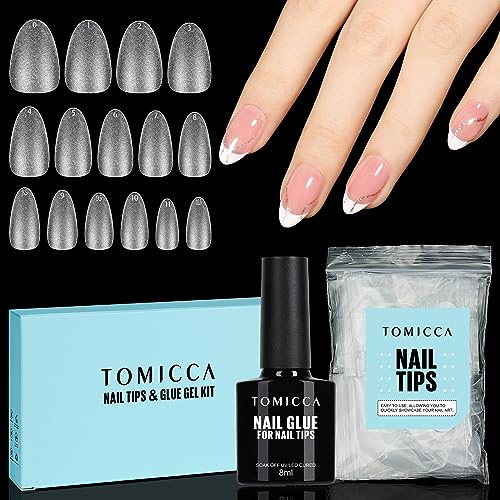 TOMICCA Amande Court Capsules Ongles avec Colle Kit, Full Cover Gel Tips & 8ML 4 en 1 Colle Faux Ongles, Transparent Capsule Americaine Ongle pour Diy Nail Art, 150 Pièces 15 Tailles