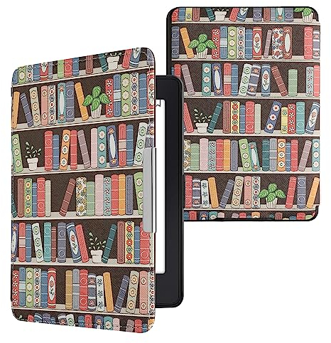 kwmobile Klapphülle kompatibel mit Amazon Kindle Paperwhite Hülle - eReader Case (für Modelle bis 2017) - Bücherregal mit Pflanzen Blau Grün Pink