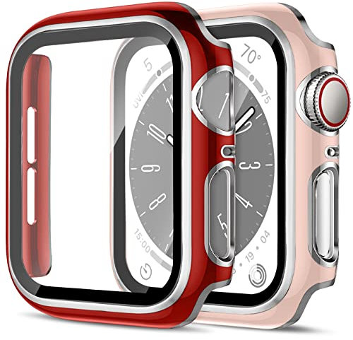 2 Stück Harte PC Hülle für Apple Watch Serie 6 5 4 SE 44mm Gehäuse mit Gehärtetem Glas,Anti-Kratz Bumper Absturzsicherung Vollständiger Schutzhülle für Apple Watch 44mm Cover,Rosa&Silber/Rot&Silber