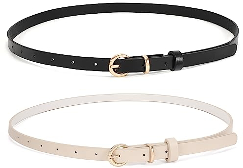 WHIPPY 2er-Pack dünner Damen Ledergürtel schmaler Taillengürtel schmal Gürtel mit goldener Kreisschnalle für Kleid Hose Jeans,schwarz/beige,100cm