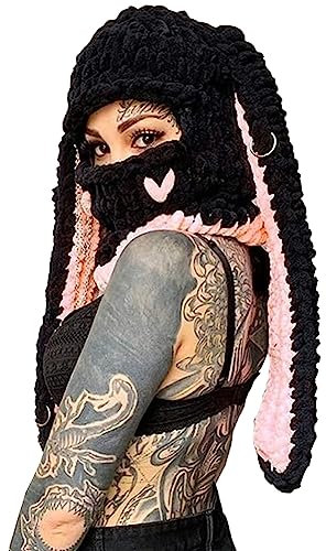 UNNQLL Modische, niedliche Ohrenklappe, Strickmütze, Häkelmütze, warm, Schnee, Ski, Hase, lange Ohren, flauschige Kappen, Cosplay, Party, Erwachsene und Frauen (rosa Hase)