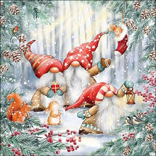 Ambiente 20 Servietten Weihnachten Zwerge mit Tiere im Winterwald als Tischdeko. Papierservietten mit Motiv. Auch für Decoupage und Serviettentechnik 33x33cm