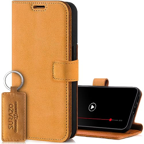 SURAZO Handyhülle für Apple iPhone 15 Pro Max Hülle Leder – Klappbar Echtleder Schutzhülle [ Magnet, Kartenfach, RFID Schutz, Standfunktion ] Flip Klapphülle Case Cover Lederhülle (Camel)