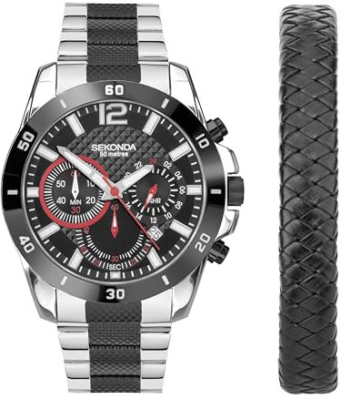 Sekonda Sports Gift Set Men's 44mm Quartz Watch in Black with Chronograph Date Display, and Two Tone Stainless Steel Strap 39007