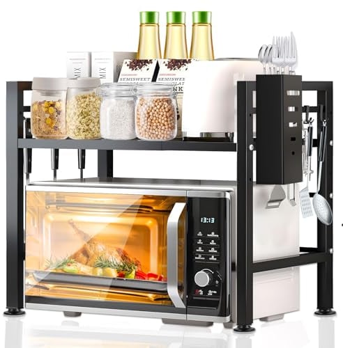 Purpledi Soporte Extensible para Microondas de 2 Niveles, Soporte para Microondas y Horno Cocina con 6 Ganchos, Soporte Microondas Extensible para Encimera de Cocina, 37-61 cm, Negro