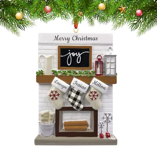 Personalised Christmas Decoration - Christmas Fireplace Ornaments Family of 2-6 with Name Text, Custom Family Christmas Tree Decoration - Family of 3