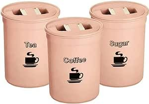 Bargain House - 3-Piece Tea, Coffee, Sugar Canister Set - Elegant 850ml Plastic Airtight Storage Jars – Durable Construction - Round Containers with Lid – Kitchen Essential – Food Preservation - Pink
