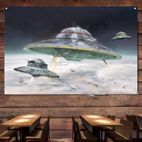 WWII Deutschland Haunebu UFO Bild Leinwand Kunst Banner - Angriff Flugzeug Flugzeug Poster Wandbehang Flagge - Moderne Luftkriegsführung Militärkunst Tapisserie für Heimdekoration