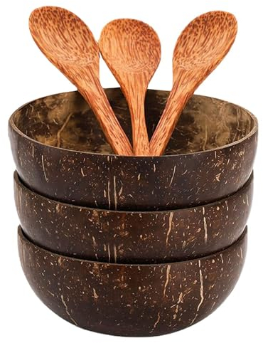 MLKLDOU Ensemble de bols en noix de coco – 3 bols en noix de coco et 3 cuillères, couverts en bois faits à la main, bol à mélanger pour salade de fruits, bol à riz et ramen
