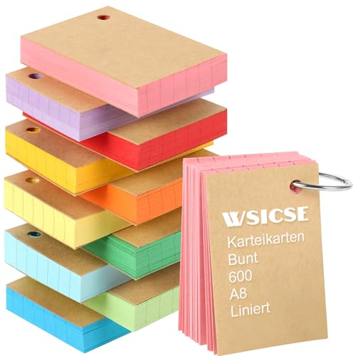600 Blätter Karteikarten A8, Linierte Karteikarten 150g/m² Index Cards Moderationskarten Bunt mit 10 Binderinge 20 Kraftpapierhüllen für Lernen Erinnerung Präsentation (10 Farben)