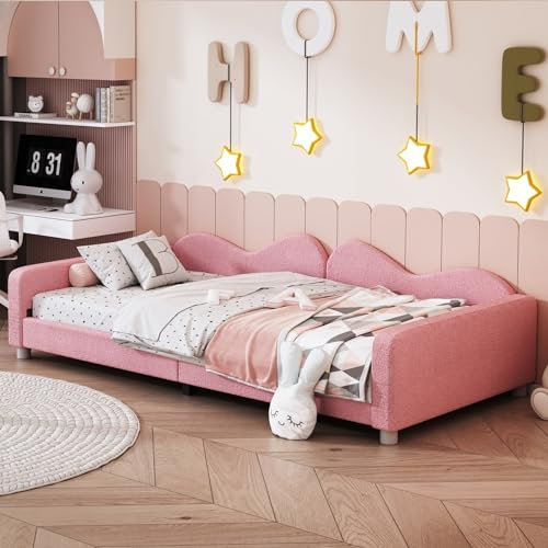 Skcess Lit pour enfant rembourré mi hauteur, 90 x 200 cm, cadre de lit, multifonctionnel, souple, avec dossier et accoudoirs, lit pour adolescent, rose