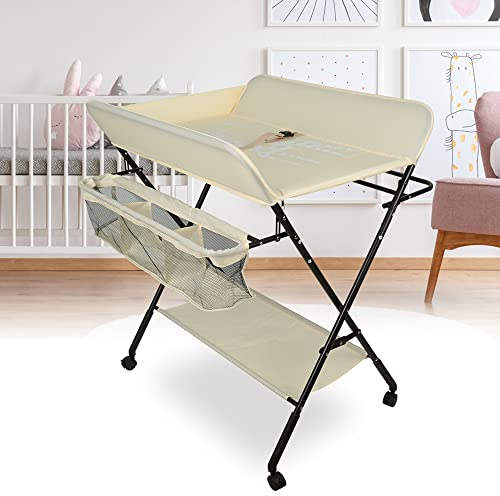 Wickeltisch Klappbar-Wickelkommode Babypflegetisch-Mobiler Wickelkombi mit Wickelauflage, Sicherheitsgurt und Ablagefächern, Tragbar Wickelkombination (beige-80 * 66 * 98cm)