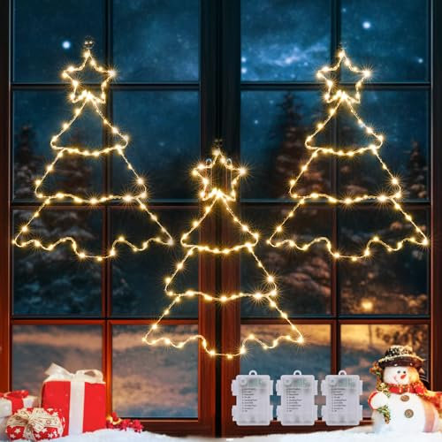 GlobaLink Luces Arbol de Navidad Ventana, 3 Pack 210 LED, Luces Colgantes de Ventana de Navidad Alimentadas por Batería, Decoración Navidad Impermeable 2024 con Temporizador, 8 Modos de Luz