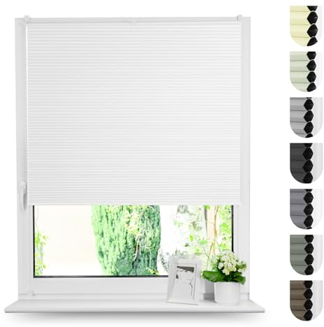 Tom'Shop Plissee mit Klemmfix UV-Schutz WABEN Weiß B115cm x H120cm | Verdunkelndes Wabenplissee ohne Bohren mit Thermoeffekt, Sicht- und Sonnenschutz für Fenster und Türen