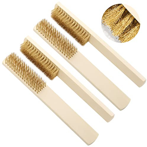 4 Pcs Brass Brushes Wooden Handle, Heavy Duty Rust Remover Brass Wire Brush, Hand Wire Brush for Home Clean Removing Rust Scale Paint