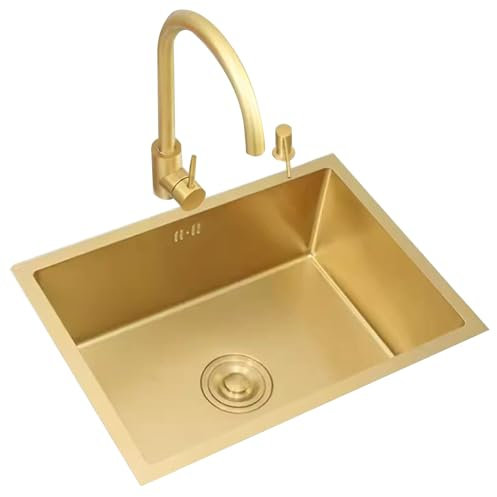 CRBUDY Küchen-Gold-Edelstahl-Nano-Wasserbar-Waschbecken Unterbau-Einzelbeckenspüle Leicht zu reinigendes Gemüsewaschbecken für kleine Wohnungen mit Wasserhahnwaschbecken (Farbe: Gold, Grö