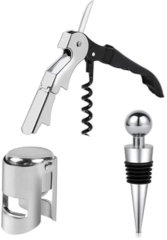2Pcs Champagne Stoppers and 1 Pcs Corkscrew, Wine Bottle Stoppers, Stainless Steel Bottle Stopper Prosecco Stopper, Reusable Wine Stopper Bottle Opener for Wine Champagne Beer Collection