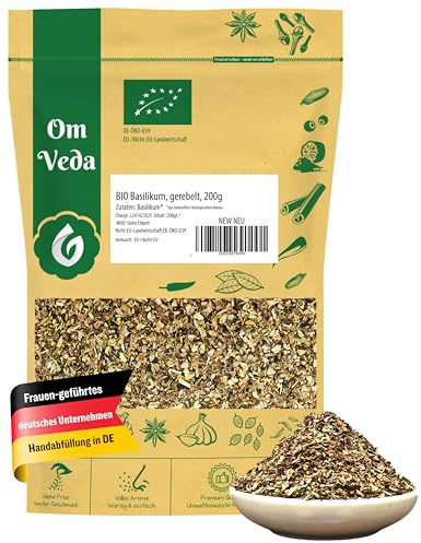Bio Basilikum gerebelt 200g OmVeda getrocknetes Basilikum fein geschnitten für Pizza Pasta Tomatensauce Bruschetta Salate mediterrane Küche
