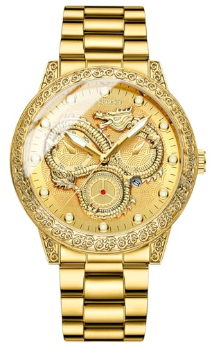 OIDEA Uhren Herren Armbanduhr Drachen: Gold Herrenuhr Analog Quarz 3 Zeitzone Uhr mit Beleuchtenden Zeiger Kalender Edelstahl Armband Geschenk für Männer Freund