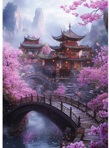 CEOVR Peinture Diamant Adulte Paysage 5D Diamond Painting Complet,Fleurs et Maisons Painting Diamant Kits 30x40 cm,Architecture Chinoise