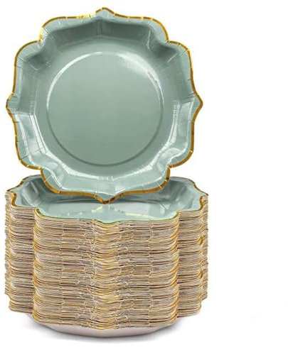 TESIN 100 piatti di carta verde salvia 9 pollici piatti di carta usa e getta con pellicola dorata, robusti e decorativi, per feste di compleanno, baby shower, matrimonio