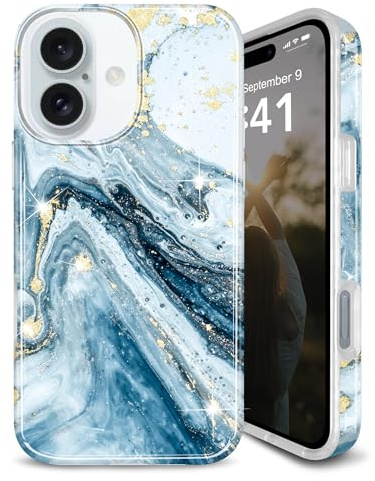 JIAXIUFEN Case for iPhone 16 6.1 Sparkle Glitter Plating Design Slim Shockproof Protective TPU Cover Phone Case 2024 Marble Blue