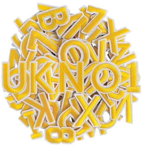 GYGYL 72 Pieces Iron on Letters and Numbers Patches, Embroidered Sew on/Iron on Patches Alphabet A-Z, Numbers 0-9 Applique for Clothes, Dress, Hat, Socks, Jeans, DIY Accessories (Yellow)