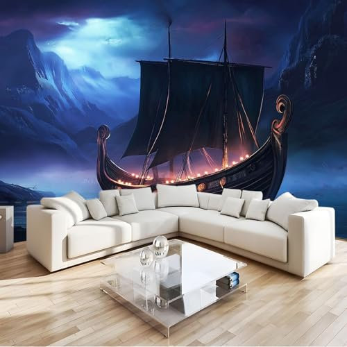 Papier Peint 3D Bateau À Voile Sur Lac De Montagne Panoramique Peinture Murale Interieur 350x256 cm pour Salon Chambre à Coucher D'Enfant Maison Décoration Murale