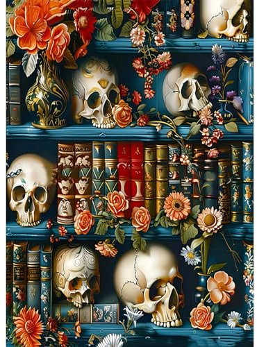 Jawecci Schädel Diamond Painting Erwachsene, 5D Zwei Bücherregal Diamant Painting Bilder Erwachsene Anfänger, DIY Runde Steine Halloween Diamant Malerei Kinder für Home Dekor 30x40cm