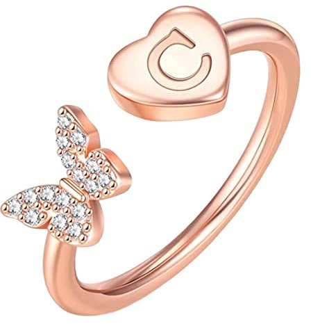 Generico Anello Obito Anelli 'alfabeto della lettera iniziale AZ Anello da dito regolabile in d'argento e oro per gioielli da donna Anello Di Fiori Di Ciliegio (C, One Size)