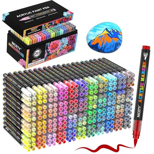 NICETY 264 Colours Acrylic Paint Pens - Brush Paint Markers for Rock Painting Stone Wood - Brush Tip Water Based Acrylic Markers