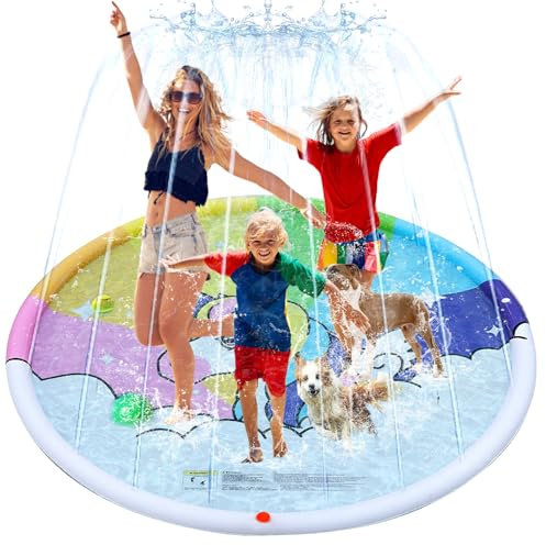 Tapis Jet d'eau Chien, SilverChry 170cm Tapis de Pulvérisation Antidérapant, Splash Play Mat Chiens, Sprinkler Splash Pad, Tapis Jet d'eau Enfants, Tapis Pulvérisation Éclaboussure d'eau (Rose)