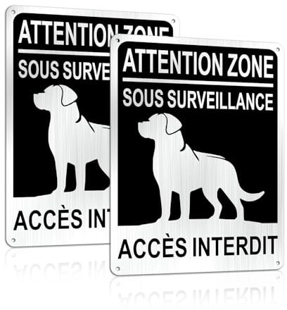 SINMAO Attention au Chien 18x25cm Aluminium Brossé, Maison sous Video Surveillance, Avec Trous Pré-percés Acces Interdit Panneau Noir x2