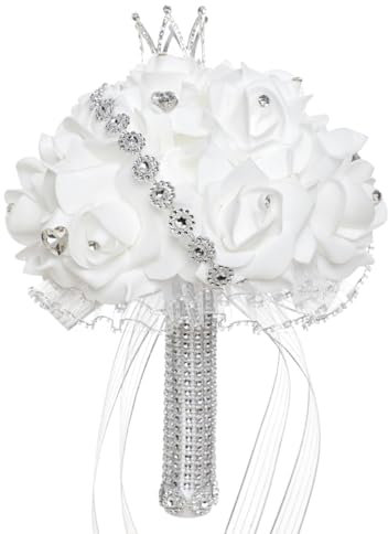 muzoira Bouquet da sposa con rose bianche, fiori artificiali per matrimonio con corona di cristallo (argento)