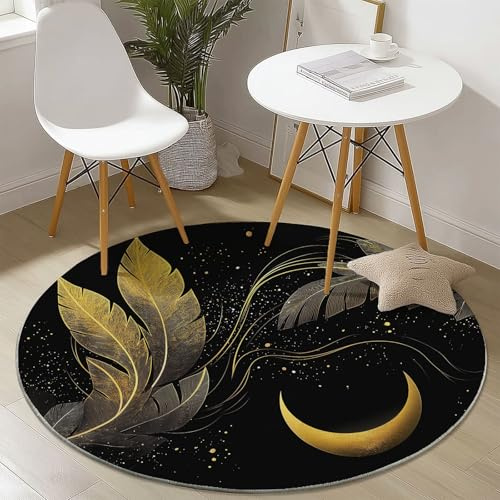 Generisch Schwarz Runder Teppich 150 cm Round Eingangsbereich Teppich Goldene Federn Mond, Kleiner Kreis Bereich Küche Läufer rutschfest Waschbar Läufer
