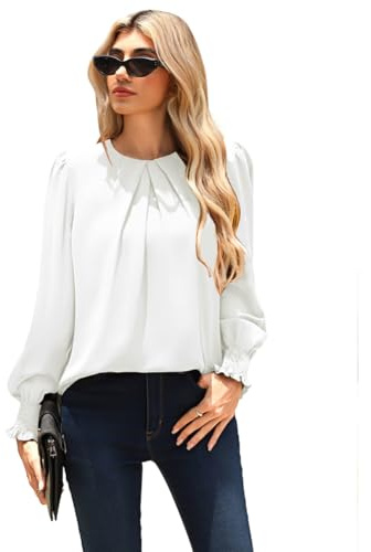 Kate Kasin Chiffon Bluse Damen Elegant Langarm Rundhals Plissee Tops | Festliche Bluse, Business casual bluse mit schlüsselloch knopfverschluss auf der rückseite