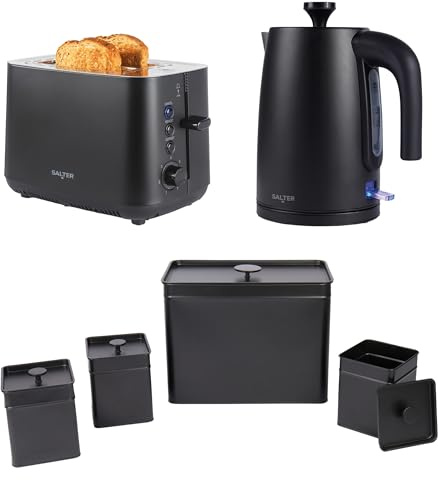 Salter Kuro Kitchen Set With Kettle And Toaster, 1.7L 3000W, 2 Slice | 4 Storage Canisters With Bread Bin, Carbon Steel, Matte Black, Wide Slots, Defrost Reheat Cancel, Auto Shut Off