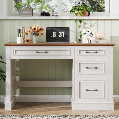 BonVache Schreibtisch mit Schubladen 120 cm, Landhausstil Computertisch mit Stauraum, Rustikaler Bürotisch aus Holz für Homeoffice, Schlafzimmer und Arbeitszimmer, Braun & Weiß