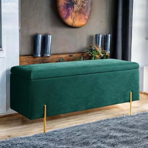 Harveys Plain Luxurious Velvet Ottoman Storage Bench, With Legs, Green | 116 L storage capacity engineered wood frame and plush upholstery; supports up to 250 kg for bedrooms, hallways and lounges.