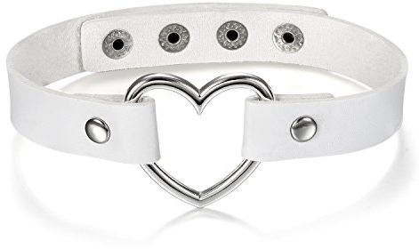 JewelryWe Schmuck Damen Choker Halsband Halskette, Leder Legierung 33-40cm Erstellbare Punk Lolita Herz Collier Kette, Weiß Silber