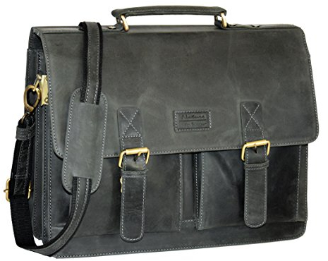 Menzo Aktentasche aus echten Leder, Laptoptasche bis zu 15 Zoll, Vintage Umhängetasche, Messenger bag für Damen und Herren, Ideal für Schule, Uni oder Arbeit (schwarz)