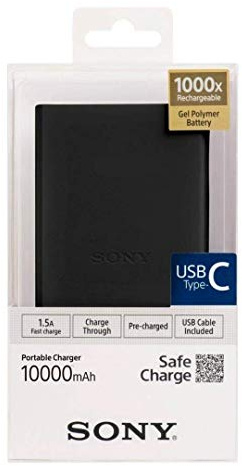 Sony 10,000mAh Compact Portable Power Bank Charger - Precharged Hybrid Gel Lithium Polymer Series (1.5A Output) with Micro USB and USB-C cables - Black