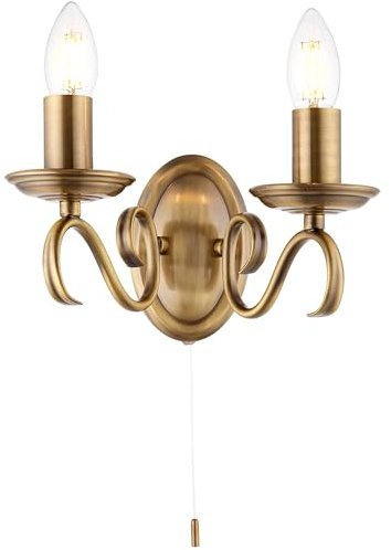 National Lighting Indoor Wall Light - Dimmable Twin Wall Lamp with Pull Chord Switch – Decorative Scrolled Arm Wall Sconce LED Wall Light For Bedroom Livingroom Dining-room Hallway – E14 Antique Brass