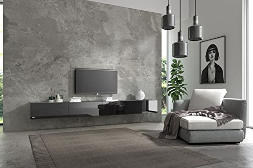Wuun® TV Lowboard TV Board hängend I 100cm-280cm I Hängeschrank Wohnwand/Somero I Schwarz-Matt/Schwarz-Hochglanz I 280 (2X 140) cm