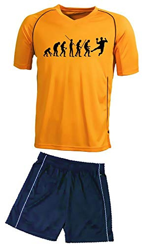 Coole-Fun-T-Shirts TRIKOTSET mit DEINEM Namen + Nummer ! Handball Evolution Kinder Trikot + Hose orange-schwarz, 122-128 cm