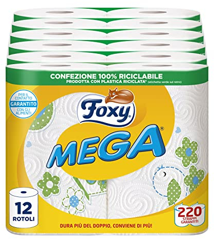 Foxy MEGA | Langlebiger Trockner | 12 Rollen | 110 Blatt pro Rolle | Super saugfähig | Papier 100% PEFC™ zertifiziert | Dekoriert | Verpackung 100% recycelbar
